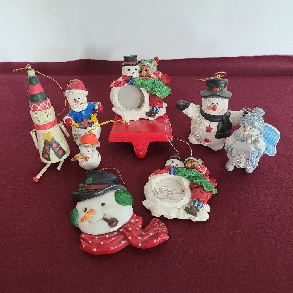 Vintage Winter Snowman Christmas Ornaments and Stocking Hanger Bundle of 8